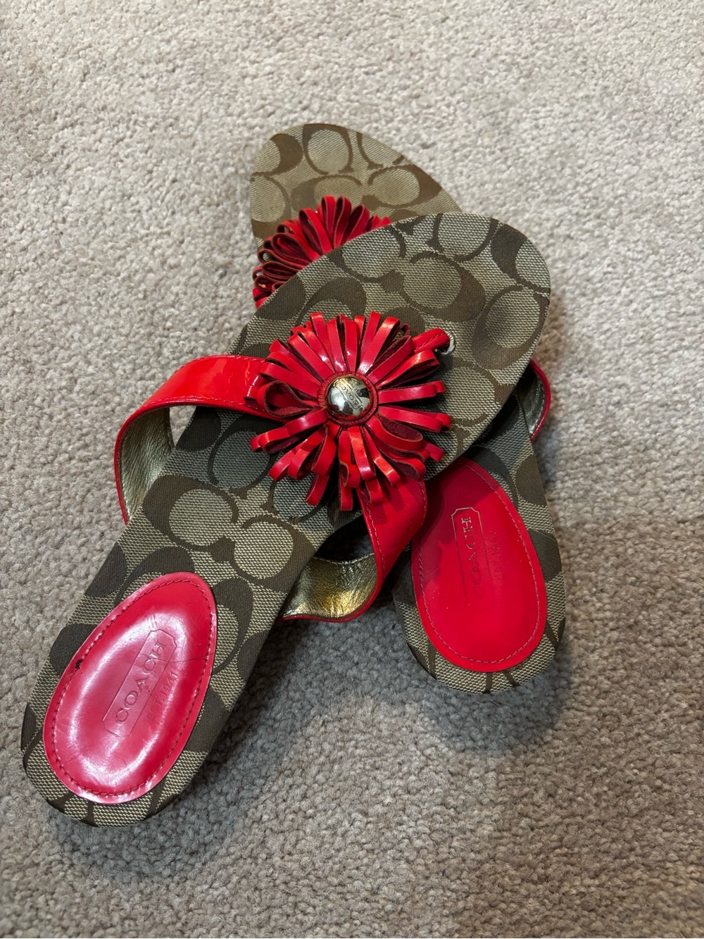 Coach Red Floral Logo Canvas Slide Sandals with Patent Leather Trim